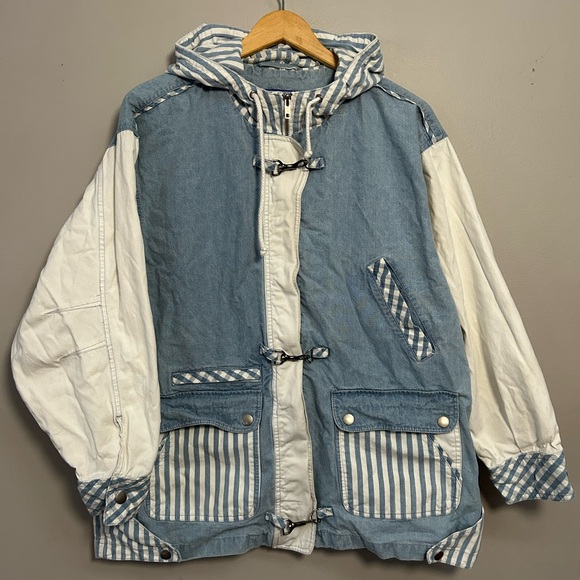 VTG Women’s Relaxed Denim White Stripe Zip Up Hooded Jacket Coat Coastal Medium - Picture 1 of 7